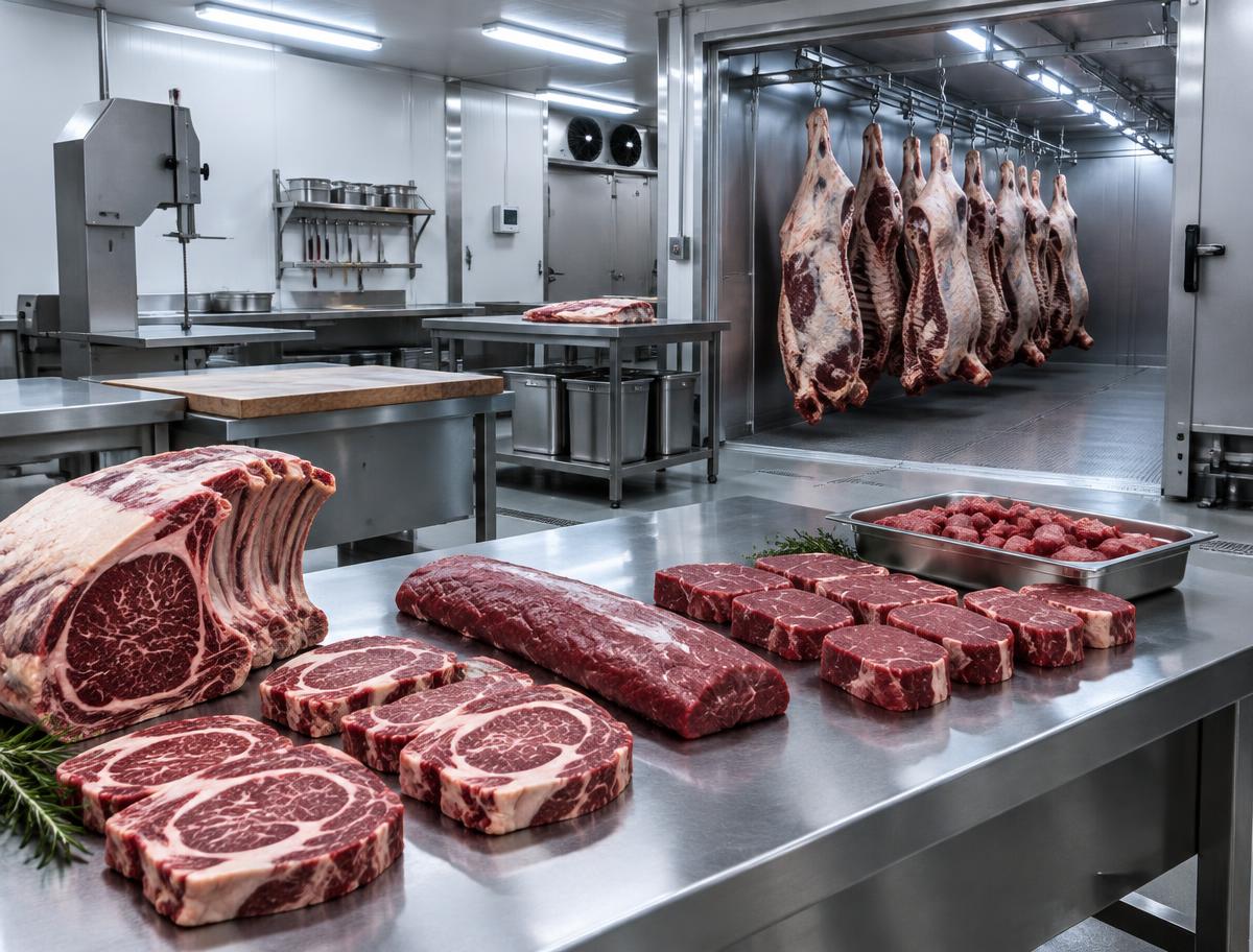 Freshly prepared beef cuts in a modern butchery facility